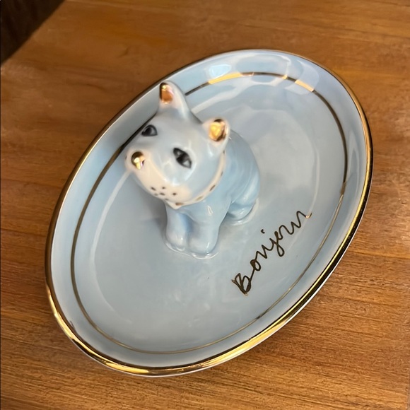 Anthropologie Adorable Blue and Gold French Inspired Jewelry Dish “Bonjour” - Picture 1 of 7